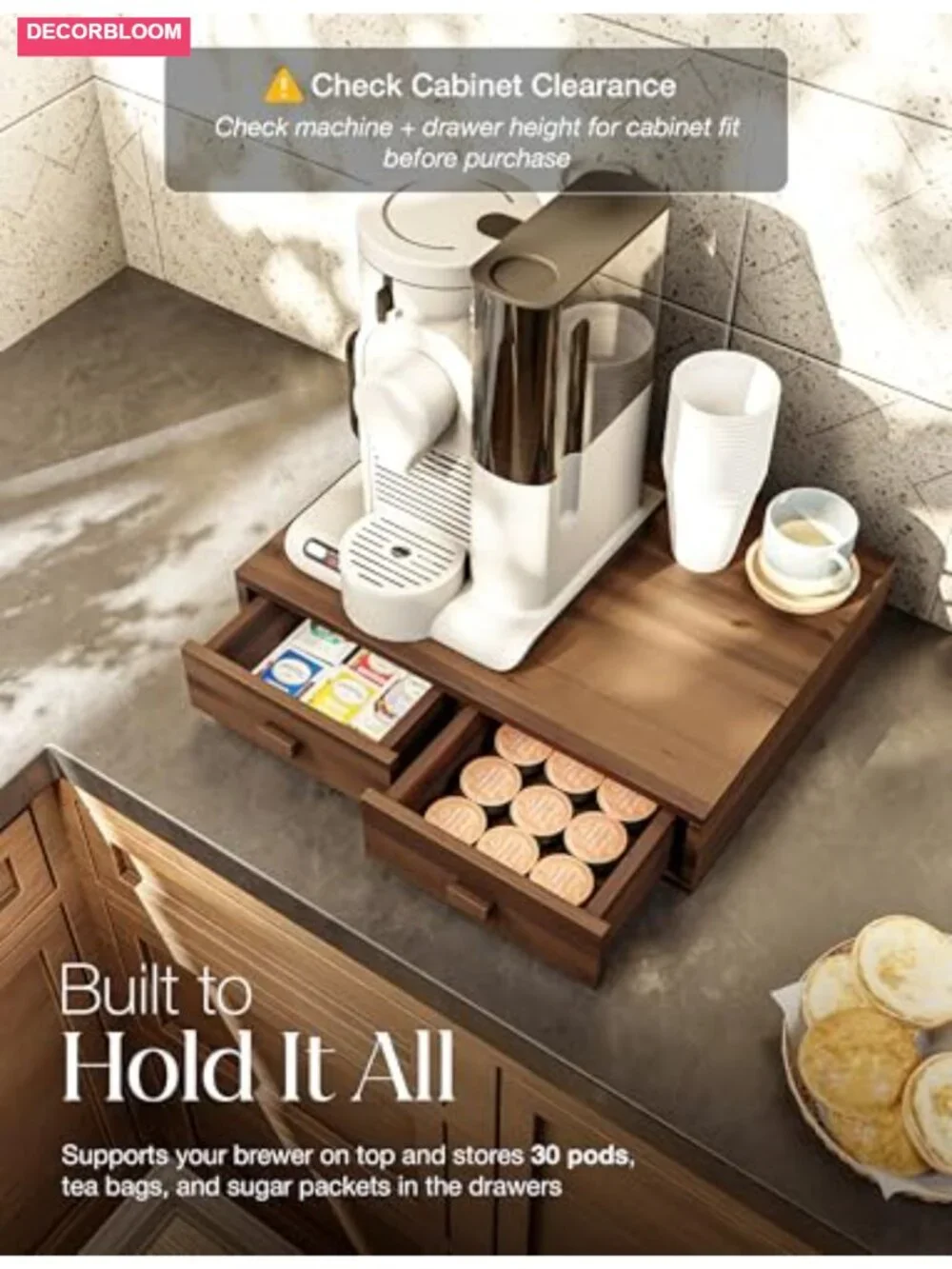 Acacia Wood Coffee Pod Storage Drawer for K-cup & Nespresso Pods Holder Dual